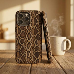 May include: A smartphone case featuring a brown and tan snakeskin pattern. The case has a cutout for a triple-lens camera system on the back. One case is shown from the rear, while a second matching case is positioned vertically beside it.