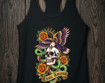 Camiseta sin mangas para mujer con calavera y rosa, camiseta sin mangas estilo nadadora con espalda cruzada, camiseta con estampado floral gótico, ropa Toxic Amour, moda alternativa.