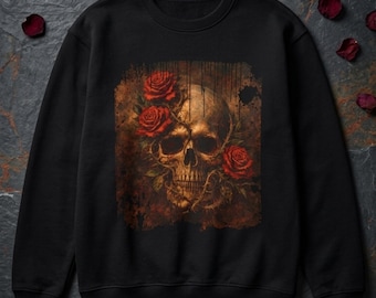 Sudadera de cuello redondo con calavera y rosas rojas / Diseño gótico de calavera y rosa