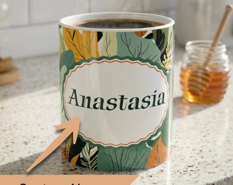 Taza de cerámica con diseño de follaje otoñal verde / Taza de café con nombre personalizado