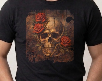 Camiseta con calavera y rosas rojas / Camiseta gótica floral de arte oscuro