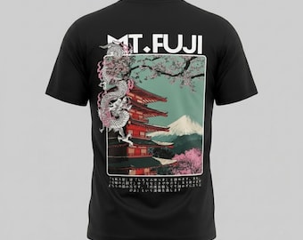 Camiseta de estilo urbano japonés / Estampado en la espalda con dragón del Monte Fuji, pagoda y flores de cerezo.