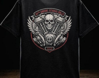 Camiseta con diseño de motor de motocicleta y calavera del Rally de Sturgis 2026 / Emblema V-Twin de alas de motociclista