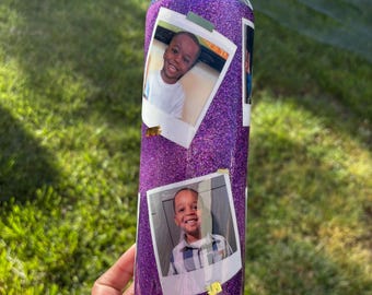 Custom Purple Photo Glitter Tumbler | Personalized Picture Cup | Memory Photo Gift