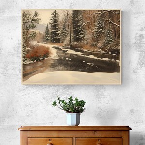 May include: A snowy winter landscape painting with a winding river flowing through a forest of pine trees. The trees are covered in snow and the river is partially frozen.