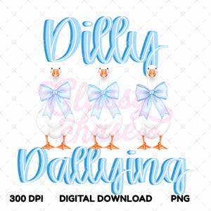 Dilly Dallying Coquette Goose png, Silly Goose med blå rosetter png, Rolig djurhumor png, Retro Goose png digital nedladdning bild 3