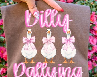 Dilly Dally Pink Bow Geese Png, Coquette Aesthetic Goose Design Png, Preppy Shirt Png, Girly Goose Shirt Design, Dilly Dallying Goose Png