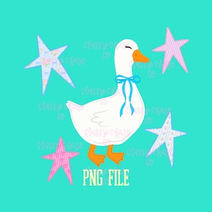 May include: A white goose with an orange beak and feet, wearing a blue bow, surrounded by stars. The stars have pink and floral patterns. The text "PNG FILE" is at the bottom, all on a teal background.