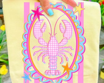 Diseño de lazo de langosta costero estilo preppy, langosta con marco festoneado PNG, langosta de cuadros rosas por sublimación, camisa de playa de verano PNG