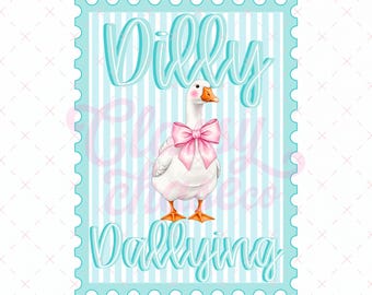 Preppy Dilly Dally Goose Png, Coquette Bow Goose Sublimation Design, Funny Goose Stamp Digital Download, Retro Striped Bow Goose Png