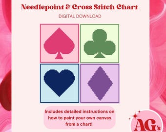 May include: A digital download cross stitch chart featuring four playing card suits: a pink spade, a green club, a blue heart, and a purple diamond. The chart includes detailed instructions on how to paint your own canvas from a chart.