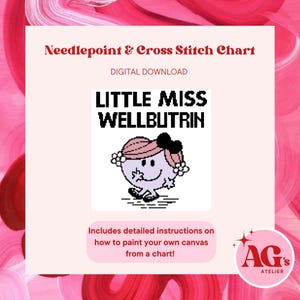 Op de afbeelding: Een digitaal downloadbare kruissteekkaart met een cartoonfiguur met een roze jurk en zwart haar, met de tekst "Little Miss Wellbutrin".