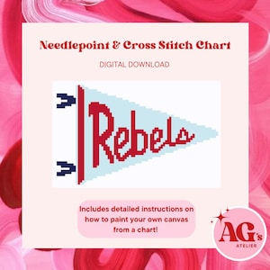 Puede incluir: Gráfico de punto de cruz descargable digitalmente que presenta un banderín azul con la palabra "Rebels" en letras rojas. El gráfico incluye instrucciones sobre cómo pintar tu propio lienzo a partir de un gráfico.