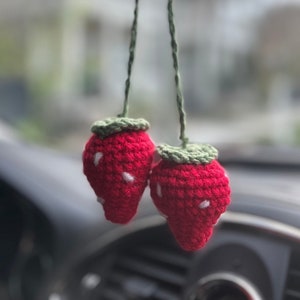 Strawberry Crochet Mirror Hanger, Car Mirror Hanger, Crochet Car Decor, Strawberry Car Decor, Crochet Strawberry, Car Decorations