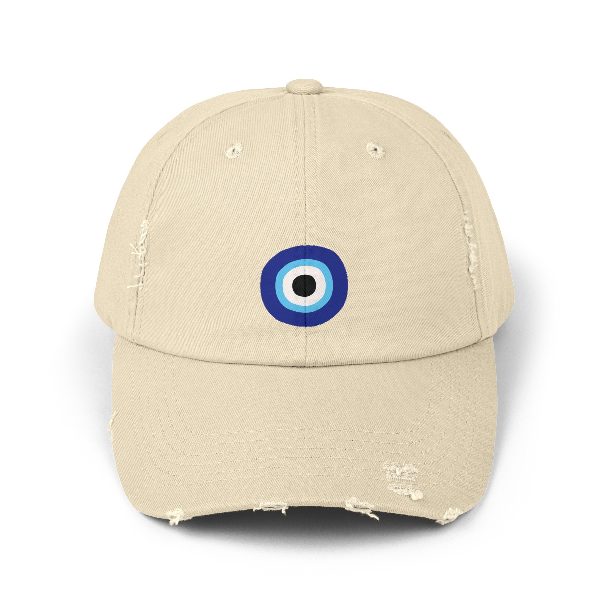 New Custom Designed Beige Distressed Baseball Cap with Evil Eye, Adjustable. DouZhe Adjustable Washed Cotton Baseball Cap - Evil Eye  main image 2