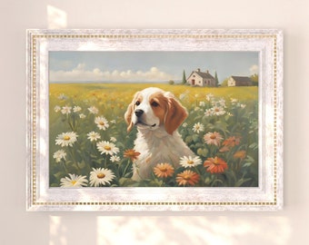 Cute Puppy in field of flowers Wall Art on stretched Matte Canvas 0.75", Ready to hang, Dog watercolor landscape farmhouse Gift home decor