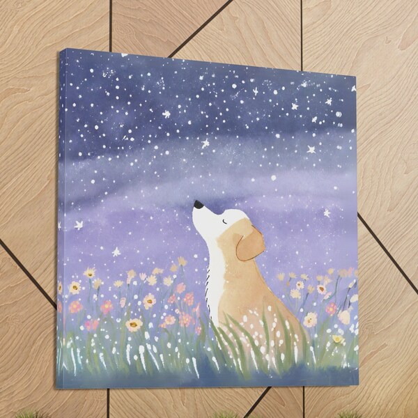 Cute Dog Starry Night Art Work on Canvas, Rescue Dog Ears Wall Art for Nursery Kids Bedroom Kitchen Office Bathroom, Gift for Dog Moms