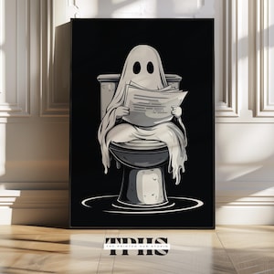 Ghost on toilet halloween print ghost print poster ghost pooping halloween poster ghost in bathroom reading halloween decoration funny decor