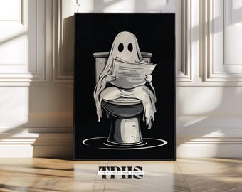 Ghost on toilet halloween print ghost print poster ghost pooping halloween poster ghost in bathroom reading halloween decoration funny decor