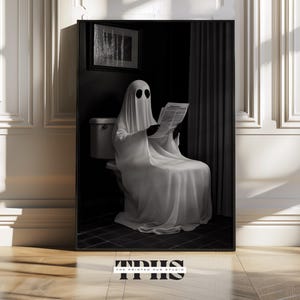 Ghost on toilet halloween print ghost print dark academia halloween poster ghost pooping ghost in bathroom reading halloween decoration