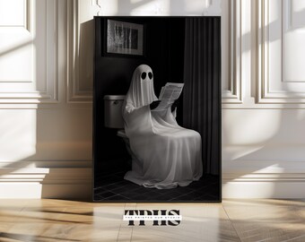 Ghost on toilet halloween print ghost print dark academia halloween poster ghost pooping ghost in bathroom reading halloween decoration