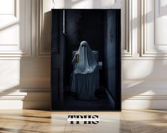 Ghost on toilet halloween print ghost print dark academia halloween poster ghost pooping vintage ghost in bathroom beer halloween decoration