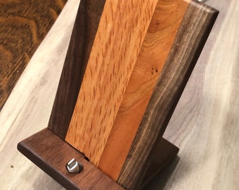 Beautiful Wooden Cell Phone Stand and Charging Station.  Handmade from locally milled Black and English Walnut and White Oak.