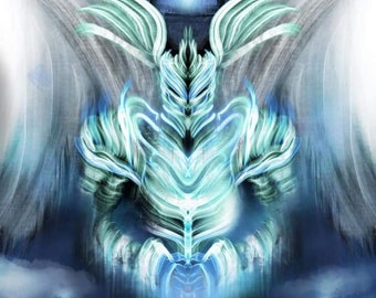 Puede incluir: Una pintura digital azul y blanca de una figura alada y blindada sosteniendo una espada. La figura está de pie frente a un fondo azul y blanco con una puerta de estilo japonés en el fondo.