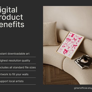 May include: A framed print featuring a collection of pink bow illustrations on a white background. The artwork is displayed on a beige sofa with books and a coffee cup. Text on the left side reads "Digital product benefits" and lists features like instant download and high resolution.