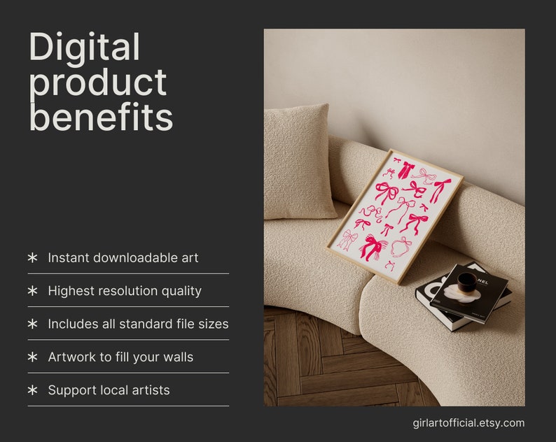 May include: A framed print featuring a collection of pink bow illustrations on a white background. The artwork is displayed on a beige sofa with books and a coffee cup. Text on the left side reads "Digital product benefits" and lists features like instant download and high resolution.