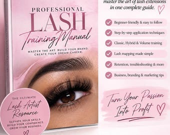 May include: A pink and white professional lash training manual with a close-up of an eye with lash extensions on the cover. The text includes Lash Charisma, The Ultimate Lash Training Manual, and lists topics like lash mapping, retention, and business tips.