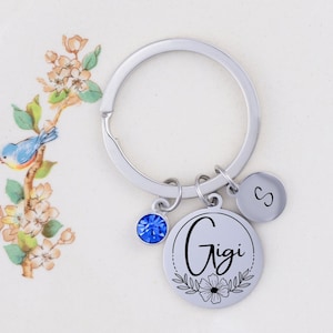 May include: Silver keychain with a blue crystal charm, a round charm with the word "Gigi" and a floral design, and a round charm with the letter "S".