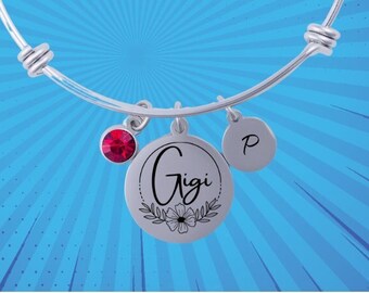 Gigi Bracelet with Initial Disc & Birthstone, Personalized Grandma Gift for Mother's Day Birthday, Custom Pendant Bracelet