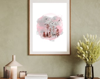 Aquarell Wald Druck: Berglandschaft Wandbild (Digitaler Download)