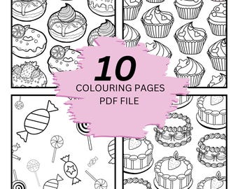 May include: A set of 10 printable coloring pages featuring various sweet treats, including cupcakes, donuts, candy, and cakes.  The pages are black and white and ready to be colored.