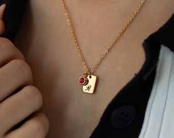 Dainty Gold Birthstone Initial Necklace: Personalized Handmade Jewelry Gift For Mother's Day, Mom's Initial and Birthstone
