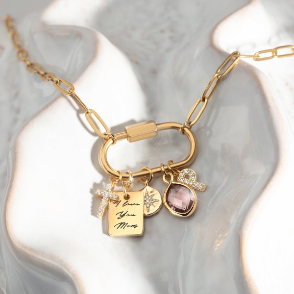 Custom Charm necklaces, Gold Carabiner Charm lock Necklace, Mother's Day Personalized Gift for Mom Jewelry New Mom Grandma Gift