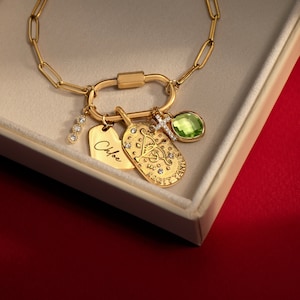 Personalized Gold Charm Bracelet for Women, Carabiner with Paperclip Chain, Christmas Gifts for Friends