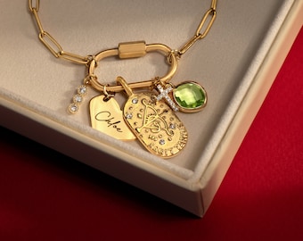 Custom Charm Bracelet, Gold Carabiner Charm lock Bracelet, Mother's Day Personalized Gift for Mom Jewelry New Mom Grandma Gift