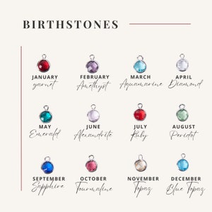 Birthstone charm guide with garnet (Jan), amethyst (Feb), aquamarine (Mar), diamond (Apr), emerald (May), alexandrite (Jun), ruby (Jul), peridot (Aug), sapphire (Sep), tourmaline (Oct), topaz (Nov), and blue topaz (Dec).