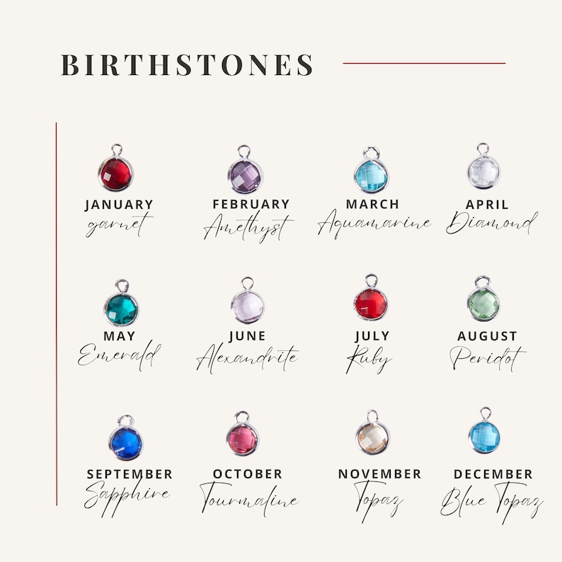 Birthstone charm guide with garnet (Jan), amethyst (Feb), aquamarine (Mar), diamond (Apr), emerald (May), alexandrite (Jun), ruby (Jul), peridot (Aug), sapphire (Sep), tourmaline (Oct), topaz (Nov), and blue topaz (Dec).