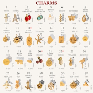May include: A collection of 32 numbered metal charms labeled CHARMS, including cross, initial, birthstone, pearl, butterfly, shell, compass, sun, zodiac, starfish, heart, tag, coin, bear, cherry, tree, lemon, pineapple, flamingo, airplane, cat, boot, rose, and fin.