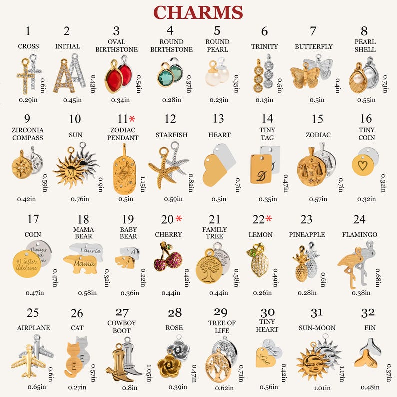 May include: A collection of 32 numbered metal charms labeled CHARMS, including cross, initial, birthstone, pearl, butterfly, shell, compass, sun, zodiac, starfish, heart, tag, coin, bear, cherry, tree, lemon, pineapple, flamingo, airplane, cat, boot, rose, and fin.