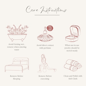 Jewelry care instructions: avoid getting wet, remove before entering water, avoid direct contact with perfume, store neatly when not in use, remove before sleeping, remove before exercising, and clean and polish with a soft cloth