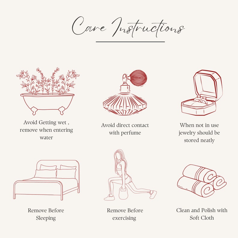 Jewelry care instructions: avoid getting wet, remove before entering water, avoid direct contact with perfume, store neatly when not in use, remove before sleeping, remove before exercising, and clean and polish with a soft cloth