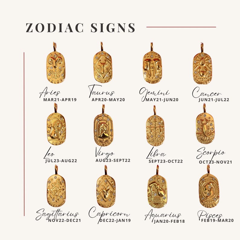 May include: A collection of twelve gold-toned oval pendants, each featuring a unique embossed zodiac sign and small embedded crystals. The text ZODIAC SIGNS appears at the top, with each pendant labeled by its name and corresponding date range.
