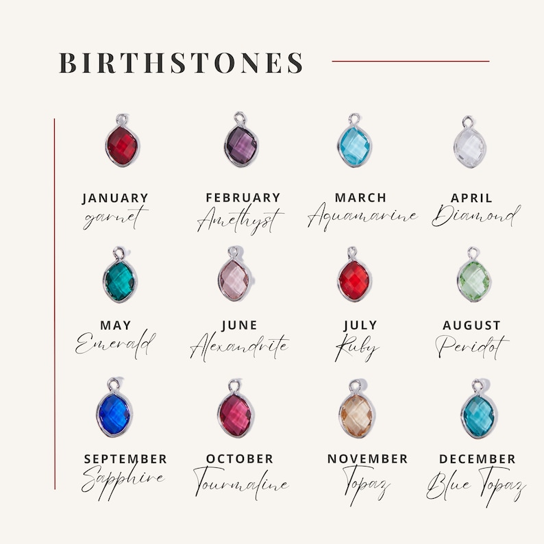 Birthstone charm collection featuring garnet, amethyst, aquamarine, diamond, emerald, alexandrite, ruby, peridot, sapphire, tourmaline, topaz, and blue topaz. Perfect for creating personalized and meaningful jewelry