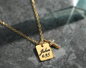 Personalized Gold Cross Necklace with Bible Verse, Custom Christian Jewelry, Engraved Faith Gift for Women, Religious Name Necklace