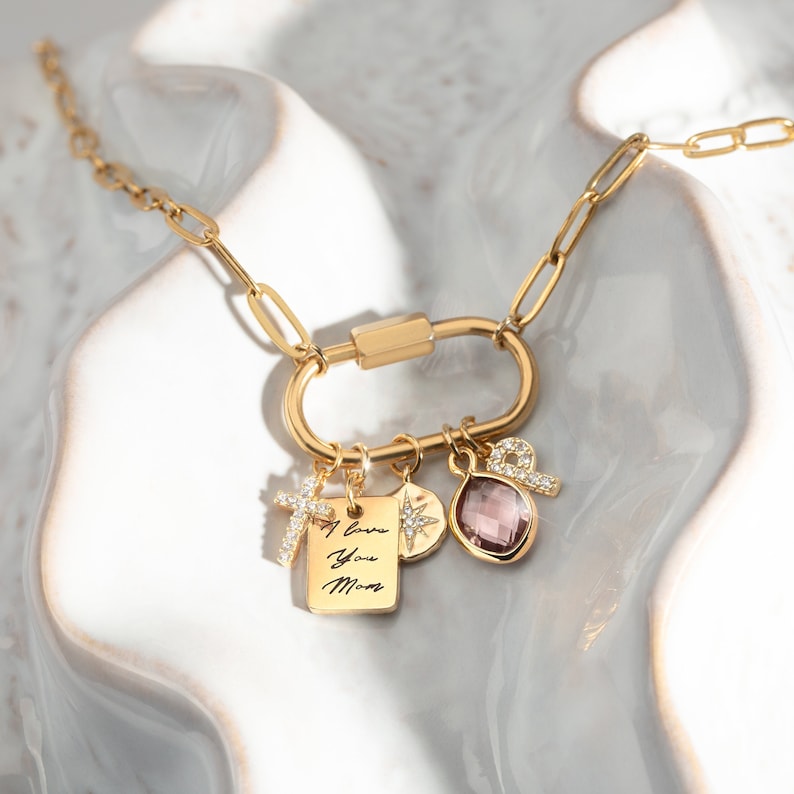 Custom Charm necklaces, Gold Carabiner Charm lock Necklace, Mother's Day Personalized Gift for Mom Jewelry New Mom Grandma Gift image 1