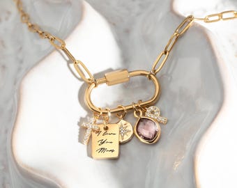 Custom Charm Necklaces for Women birthday gift for Her Gold Jewelry Gift Gold Carabiner Necklace Grandma Gift Unique Gift for Mom New Mom